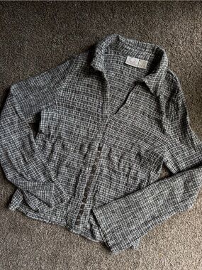 Gray Plaid Gauze Button-Front Top